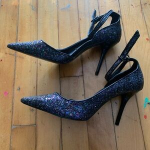 Zara Black Glitter Women's Heels with ankle strap pointy toes